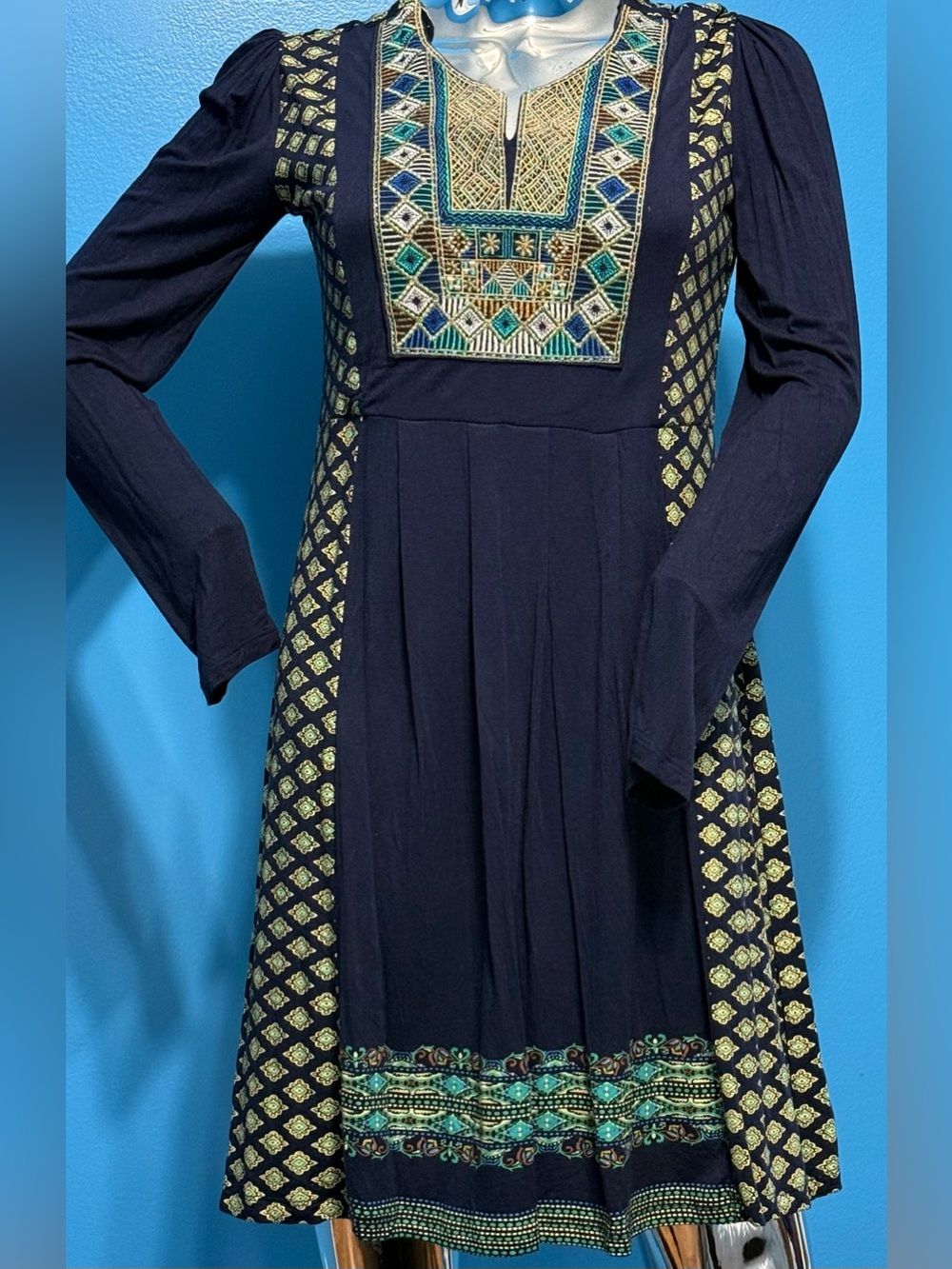 Free Day Navy Long Sleeve Embroidered Midi Dress